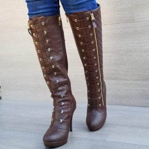 Brown Quilt Knee High Platform Boots - Picture 6 of 11
